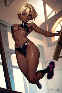 anime,skinny,small tits,20s age,seductive face,blonde,pixie hair style,dark skin,painting,gym,front view,jumping,latex