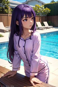 anime,skinny,small tits,40s age,serious face,purple hair,bangs hair style,dark skin,comic,pool,side view,eating,pajamas