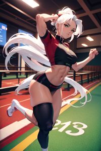 anime,muscular,small tits,18 age,serious face,white hair,ponytail hair style,dark skin,3d,casino,front view,jumping,teacher