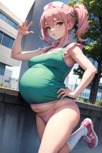 anime,pregnant,small tits,30s age,serious face,pink hair,pigtails hair style,light skin,skin detail (beta),oasis,front view,jumping,nurse