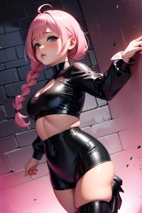 anime,chubby,small tits,60s age,pouting lips face,pink hair,braided hair style,dark skin,dark fantasy,prison,back view,jumping,latex