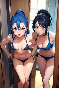 anime,busty,small tits,20s age,angry face,blue hair,slicked hair style,light skin,mirror selfie,locker room,front view,bending over,bikini