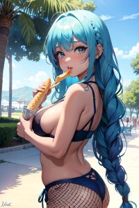 anime,chubby,small tits,18 age,pouting lips face,blue hair,braided hair style,dark skin,watercolor,oasis,front view,eating,fishnet