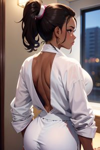 anime,muscular,huge boobs,20s age,pouting lips face,brunette,ponytail hair style,dark skin,watercolor,club,back view,working out,bathrobe