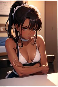 anime,skinny,small tits,80s age,seductive face,brunette,ponytail hair style,dark skin,film photo,club,front view,working out,maid