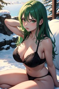 anime,skinny,huge boobs,40s age,angry face,green hair,straight hair style,dark skin,soft + warm,snow,front view,yoga,lingerie