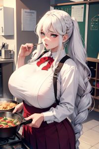 anime,busty,huge boobs,60s age,sad face,white hair,braided hair style,light skin,vintage,street,front view,cooking,schoolgirl