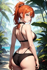 anime,busty,small tits,70s age,happy face,ginger,ponytail hair style,light skin,comic,jungle,back view,on back,goth