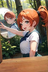 anime,chubby,small tits,40s age,happy face,ginger,ponytail hair style,light skin,mirror selfie,forest,close-up view,jumping,schoolgirl