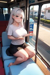 anime,chubby,small tits,50s age,sad face,white hair,straight hair style,dark skin,charcoal,bus,front view,massage,mini skirt