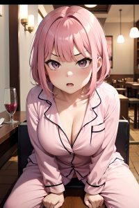 anime,chubby,small tits,30s age,angry face,pink hair,bangs hair style,light skin,dark fantasy,restaurant,front view,spreading legs,pajamas