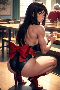 anime,muscular,huge boobs,70s age,pouting lips face,ginger,straight hair style,dark skin,dark fantasy,cafe,back view,squatting,kimono