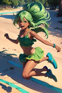 anime,busty,small tits,80s age,laughing face,green hair,messy hair style,dark skin,warm anime,desert,side view,jumping,mini skirt