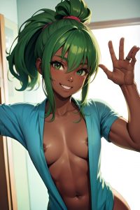 anime,muscular,small tits,70s age,happy face,green hair,ponytail hair style,dark skin,film photo,bedroom,close-up view,t-pose,bathrobe