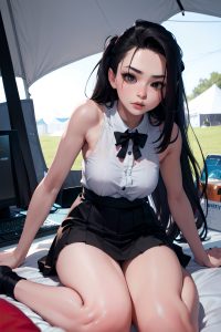 anime,skinny,small tits,40s age,pouting lips face,ginger,slicked hair style,light skin,black and white,tent,front view,gaming,mini skirt