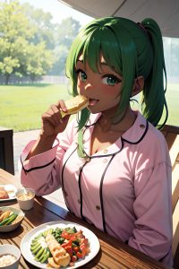 anime,chubby,small tits,40s age,happy face,green hair,ponytail hair style,dark skin,soft anime,tent,front view,eating,pajamas