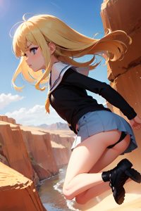 anime,skinny,small tits,60s age,serious face,blonde,bangs hair style,light skin,soft anime,desert,side view,jumping,schoolgirl