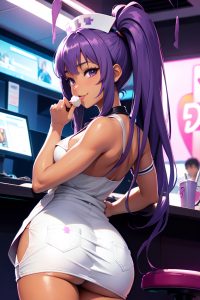 anime,busty,small tits,80s age,happy face,purple hair,straight hair style,dark skin,3d,strip club,back view,eating,nurse