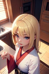 anime,skinny,small tits,40s age,seductive face,blonde,bangs hair style,light skin,3d,kitchen,close-up view,cumshot,kimono