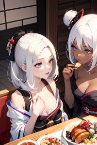 anime,skinny,small tits,30s age,orgasm face,white hair,messy hair style,dark skin,charcoal,yacht,back view,eating,geisha