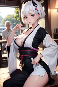 anime,busty,small tits,80s age,pouting lips face,white hair,pixie hair style,light skin,black and white,cafe,front view,working out,kimono