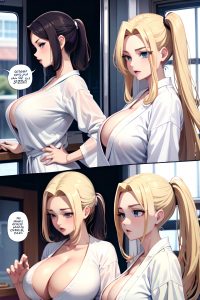anime,skinny,huge boobs,20s age,orgasm face,blonde,slicked hair style,light skin,black and white,bus,side view,yoga,bathrobe