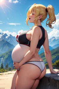 anime,pregnant,huge boobs,30s age,laughing face,blonde,pigtails hair style,dark skin,warm anime,mountains,back view,sleeping,teacher