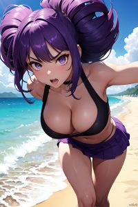 anime,skinny,huge boobs,18 age,angry face,purple hair,bangs hair style,dark skin,soft + warm,beach,front view,jumping,mini skirt