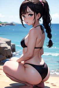 anime,chubby,small tits,50s age,pouting lips face,ginger,braided hair style,light skin,black and white,desert,side view,squatting,bikini