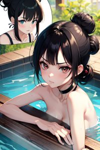 anime,skinny,small tits,70s age,angry face,black hair,hair bun hair style,dark skin,crisp anime,hot tub,close-up view,plank,geisha