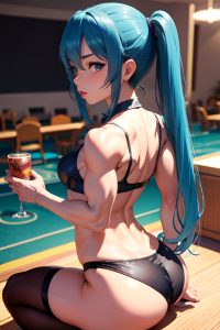 anime,muscular,small tits,30s age,seductive face,blue hair,pigtails hair style,dark skin,3d,casino,back view,eating,stockings