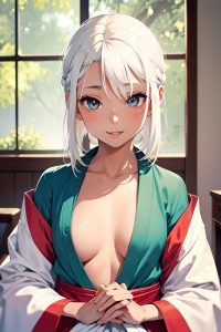 anime,skinny,small tits,20s age,happy face,white hair,slicked hair style,dark skin,soft + warm,bedroom,front view,yoga,kimono