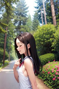 anime,skinny,small tits,40s age,laughing face,brunette,straight hair style,light skin,mirror selfie,forest,side view,sleeping,schoolgirl