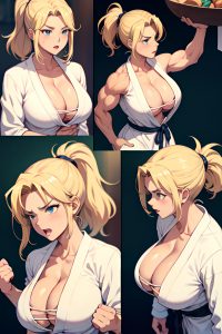 anime,muscular,huge boobs,40s age,angry face,blonde,ponytail hair style,light skin,vintage,desert,side view,working out,bathrobe