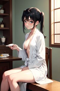 anime,skinny,small tits,20s age,sad face,black hair,pigtails hair style,light skin,comic,restaurant,front view,massage,bathrobe