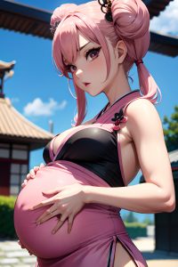 anime,pregnant,small tits,60s age,serious face,pink hair,pigtails hair style,light skin,skin detail (beta),cafe,close-up view,t-pose,geisha