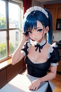 anime,skinny,small tits,20s age,sad face,blue hair,ponytail hair style,light skin,dark fantasy,kitchen,front view,cumshot,maid