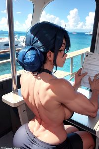 anime,muscular,huge boobs,60s age,happy face,blue hair,hair bun hair style,dark skin,black and white,yacht,back view,working out,partially nude