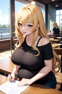 anime,pregnant,huge boobs,40s age,ahegao face,blonde,messy hair style,light skin,crisp anime,cafe,front view,working out,goth