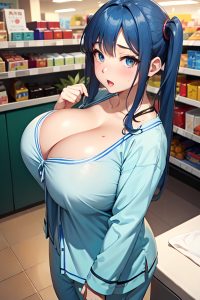 anime,busty,huge boobs,40s age,shocked face,blue hair,pigtails hair style,light skin,comic,grocery,close-up view,massage,pajamas