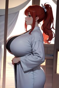 anime,chubby,huge boobs,20s age,seductive face,ginger,ponytail hair style,light skin,black and white,tent,side view,working out,bathrobe