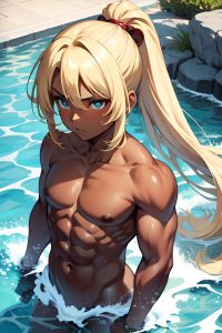 anime,muscular,small tits,18 age,serious face,blonde,ponytail hair style,dark skin,comic,stage,side view,bathing,nude