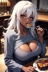 anime,busty,huge boobs,18 age,shocked face,white hair,messy hair style,dark skin,charcoal,bar,close-up view,eating,pajamas