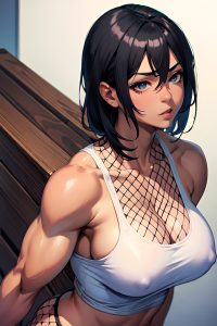 anime,muscular,huge boobs,30s age,shocked face,black hair,pixie hair style,dark skin,watercolor,office,back view,plank,fishnet