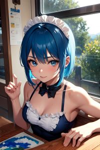 anime,muscular,small tits,20s age,happy face,blue hair,bangs hair style,dark skin,painting,train,close-up view,plank,maid