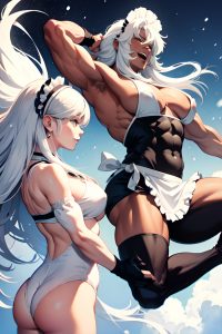 anime,muscular,huge boobs,70s age,laughing face,white hair,straight hair style,dark skin,black and white,snow,back view,jumping,maid