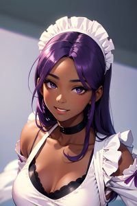 anime,skinny,small tits,80s age,happy face,purple hair,slicked hair style,dark skin,skin detail (beta),wedding,close-up view,jumping,maid