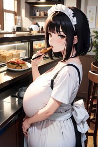 anime,pregnant,small tits,40s age,angry face,black hair,bangs hair style,light skin,charcoal,cafe,back view,eating,maid