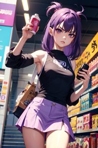 anime,skinny,small tits,70s age,angry face,purple hair,messy hair style,light skin,cyberpunk,grocery,close-up view,eating,mini skirt