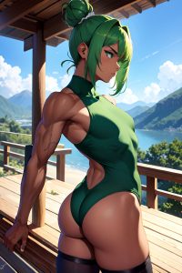 anime,muscular,small tits,18 age,serious face,green hair,hair bun hair style,dark skin,warm anime,mountains,side view,on back,stockings